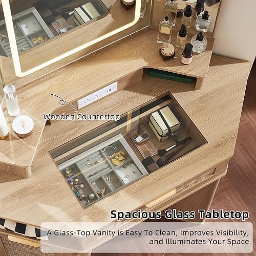 Lerliuo LEYAOYAO Fluted Makeup Vanity Desk with Mirror and Lights, 43.5'' Blue Vanity Table with Glass Top and Power Outlet, Make Up Vanity with 6 Drawers and Adjustable Shelves for Bedroom thumbnail 4