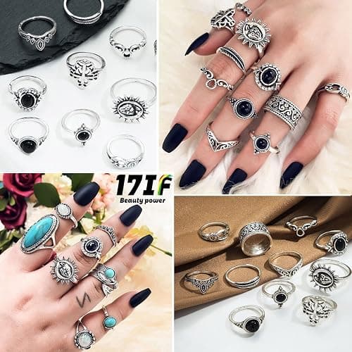 17IF Vintage Silver Knuckle Rings Set for Women Men, Chunky Rings Aesthetic Snake Grunge Stackable Gothic Ring Adjustable Y2K Punk Bulky Boho Finger Alt of Rings, Stacking Fairy Skull Frog Heart Star Flower Midi Ring Pack thumbnail 3
