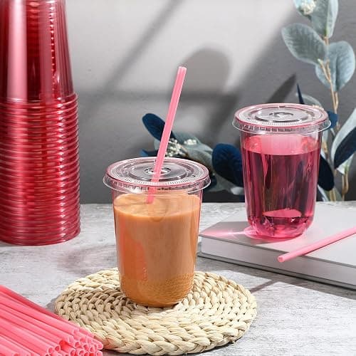 Ziliny 50 Sets Clear Plastic Cups with Heart Shaped Straws and Lids, Disposable Iced Coffee Cups Drinking Pet for Cold Drinks, Valentine's Galentine's Day Bridal Baby Showers Party (16 oz,Pink) thumbnail 2
