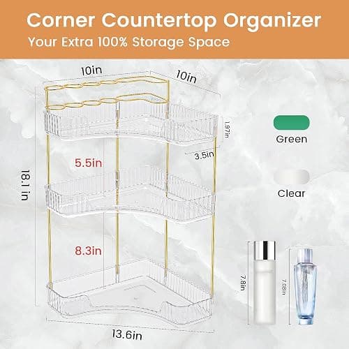 NATURE'S SOURCE Makeup Organizer for Vanity, 3-Tier Corner Bathroom Organizer Countertop with Makeup Brush Holder, Corner Counter Storage for Bathroom, Dresser, Kitchen（Clear thumbnail 2