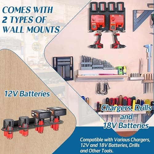 DITKOK 3-in-1 Metal Wall Mount for Milwaukee Charger, Battery and Drill, Battery Holder for 4×M12 & 4×M18 Batteries, Charger Holder for 2x M12-18C/2x M12-18FC/1x M18 DFC Chargers, Power Tool Organizer thumbnail 2