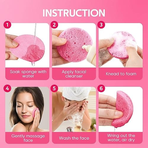 GAINWELL 50-Count Compressed Facial Sponges for Daily Facial Cleansing and Exfoliating, 100％ Natural Cosmetic Spa Sponges for Makeup Remover, Reusable, Pink thumbnail 3