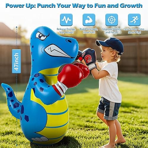 Kids Punching Bag 3-8 with Air Pump, Toddler Punching Bags for Kids, Inflatable Dinosaur Toy with Bounce- Back Action, Safe Gifts for Boys & Girls Age 3-5 Add Tossing Game thumbnail 3