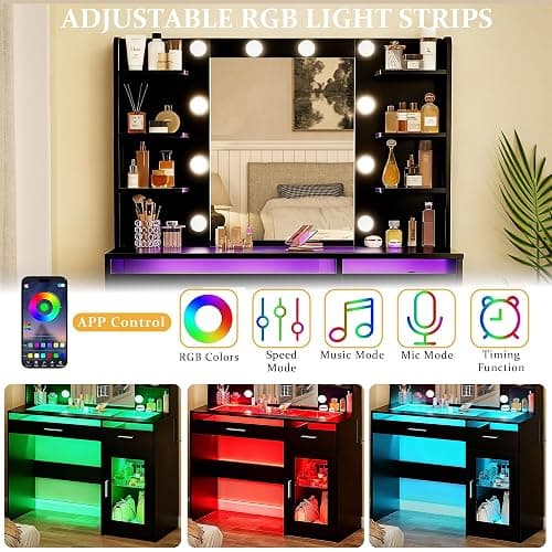 HUAHUU Vanity Desk with Mirror and Lights, Makeup Vanity Desk with Lights 3 Colors, Transparent Top Vanity with 2 RGB Drawers, 6 Shelves, Large Tempered Cabinet, Power Outlet, for Bedroom, Black thumbnail 6