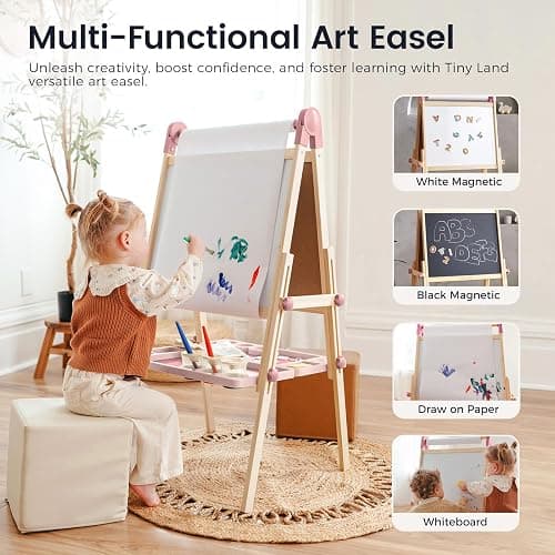 Tiny Land Easel for Kids, Double-Sided Magnetic Easel with Drawing Accessories, Adjustable Wooden Kids Art Easel with Paper Roll, Learning-Toy for 3,4,5,6,7,8 Years Old Boy & Girls Pink thumbnail 4