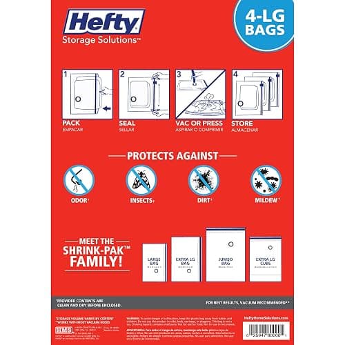 Hefty Shrink-Pak - 4 Large Vacuum Storage Bags for Clothes, Pillows, Towels, or Blankets - Space Saver Vacuum Sealer Bags Ideal Under Bed Storage Solutions thumbnail 4