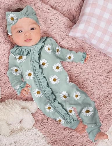 Von kilizo Baby Girl Clothes Infant Newborn Onesie Clothes for Baby Girls Long Sleeve Zip Closure Outfit with Headband thumbnail 3