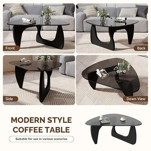 Daluvenix Modern Glass Coffee Table, Triangle Center Table with Tempered Glass Top& Unique Wooden Base, 42.5” Mid Century Tea Tables for Living Room, Apartment, Office,Black & Grey thumbnail 7
