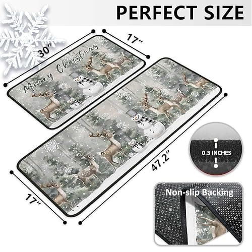 Christmas Kitchen Rugs Green Xmas Trees Deer Snowman Kitchen Mats Set of 2, Christmas Decorations for Home, Non-Slip Backing Winter Holiday Floor Mat Xmas Decor Washable Rug 17"x47.2"+17"x30" thumbnail 2