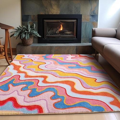 Aldopein Vintage Abstract 4x6 Area Rug Ultra Thin Flatweave Funky Aesthetic Colorful Striped Bedroom Rug Washable Throw Carpet for Kitchen Entryway Nursery Living Room, Orange and Blush - Image 1