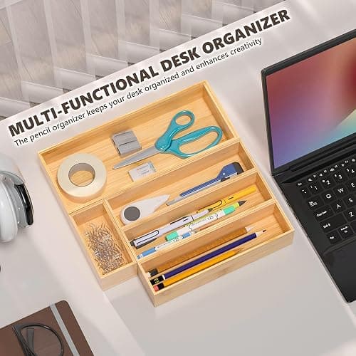 Greatseas Kitchen Drawer Organizer Tray, Stackable Bamboo Deep Drawer Organizer for Large Silverware, Utensils, Cutlery, Flatware,Junk Drawer, Dresser, Bathroom, 17" x 6" x 2.5" (Set of 2) thumbnail 8