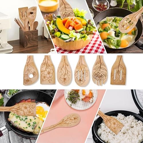GLOBLELAND 6Pcs Floral Bamboo Cooking Utensils Wooden Engraved Cooking Spoons Set Carving Kitchen Bamboo Spatula Set for Women and Men Wood Cooking Spoon for Kitchen House Warming Gift thumbnail 6