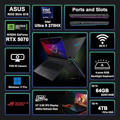 ASUS ROG Strix G18 G815 Gaming AI Laptop 18" 2560x1600 240Hz (100% DCI-P3) Intel 24-core Ultra 9 275HX 32GB RAM 2TB SSD GeForce RTX 5070 (Up to 798 AI Tops) RGB Backlit Win11Pro ICP Hub/Copilot AI thumbnail 3