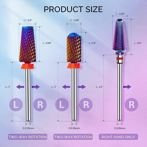 MelodySusie 3Pcs Nail Drill Bits Set, 3/32'' Carbide Tungsten Bits, 5 in 1, Smooth Round Top Large Barrel and Tornado Bits, Suitable for Manicure Pedicure Cuticle Gel Acrylic Remover, Purple thumbnail 8