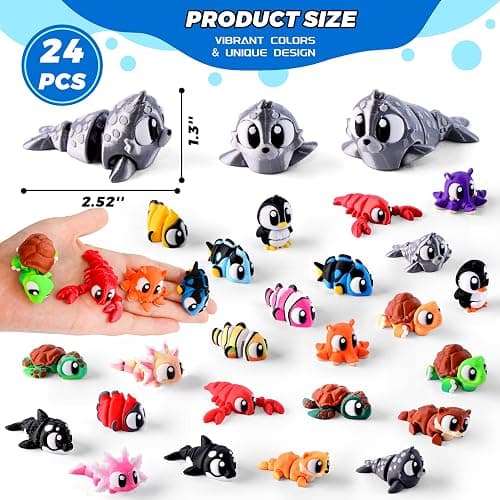 Cybermaker 24PCS 3D Printed Mini Animals with Storage Plastic Eggs | Ocean Animal with Articulated Fidget Sensory Toys Inside for Party Favors, Classroom Prizes, Birthday Goodie Bag Stuffers thumbnail 2