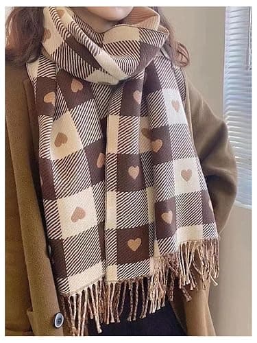 Floerns Women's Heart Print Plaid Fringe Trim Scarf Fall Casual Tassel Cute Scarves thumbnail 2