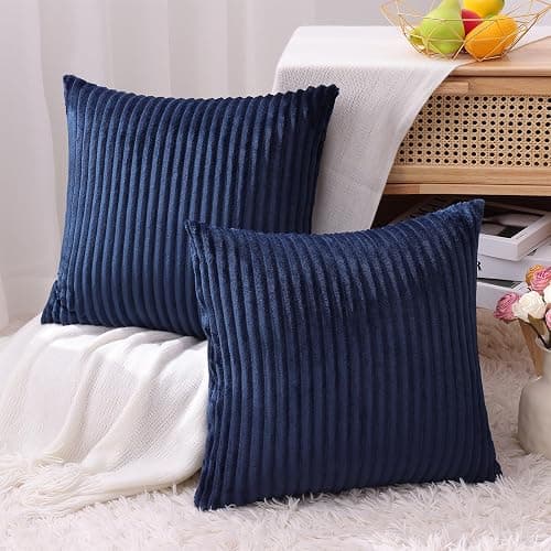 Simmore Decorative Spring Throw Pillow Covers 18x18 Set of 2, Soft Natural Plush Flannel Double-Sided Fluffy Couch Pillow Covers for Sofa Living Room, Navy Blue thumbnail 7