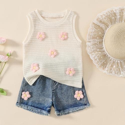Jeinxcn Toddler Baby Girl Summer Clothes Waffle Knit Floral Embroidery Sleeveless Tank Top Jean Shorts 2Pcs Outfit Set thumbnail 2