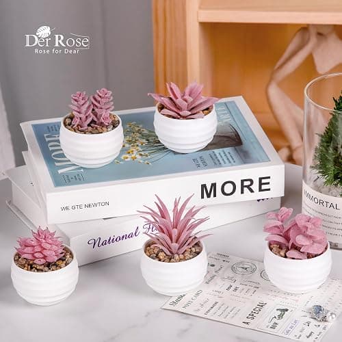 Der Rose Set of 6 Pink Succulents Plants Artificial in Pots Small Fake Plants for Girls Pink Room Decor Office Desk Accessories for Women thumbnail 4