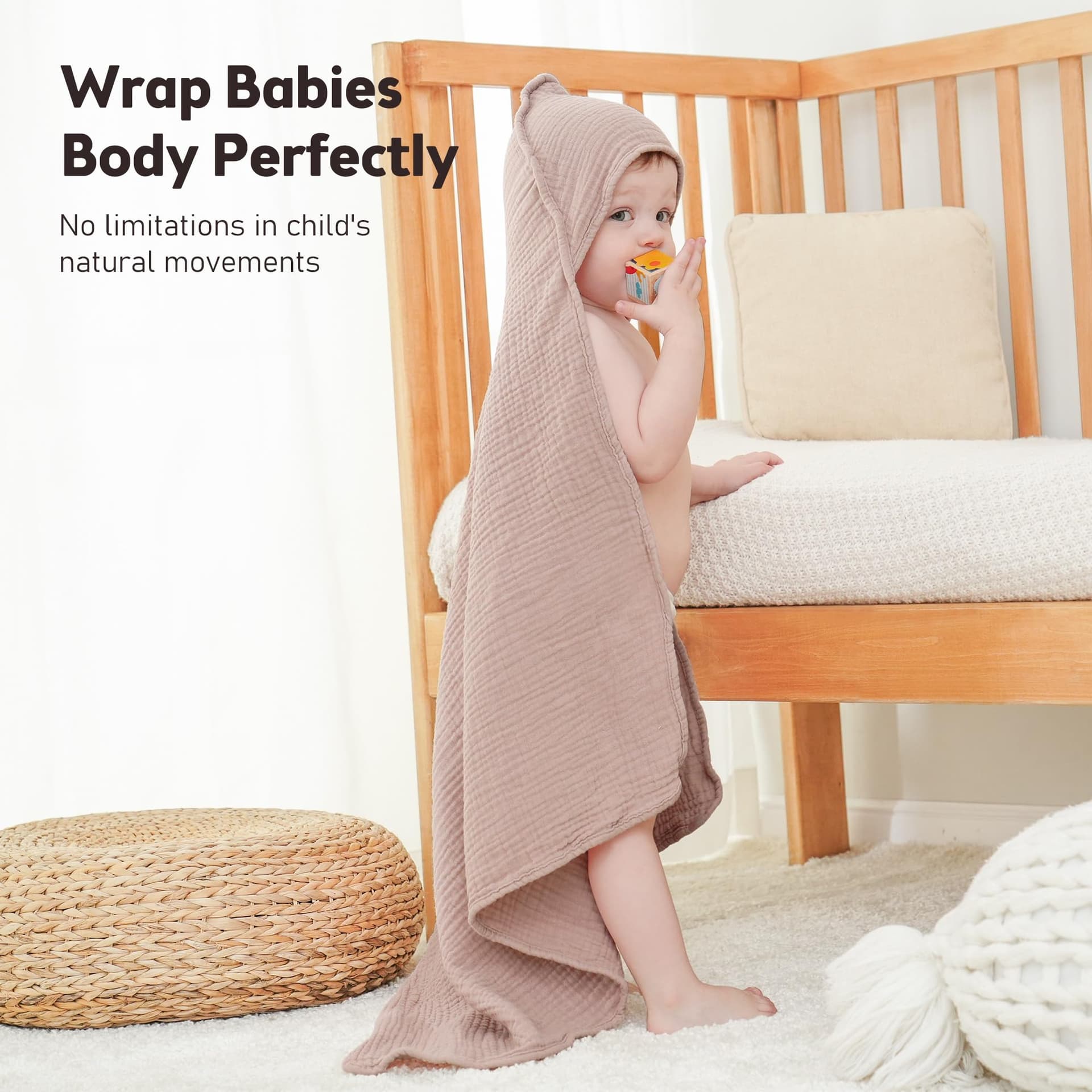 Susurration - Toallas de baño de muselina con capucha para bebé recién nacido, 100% algodón muselina para bebés unisex, niños y niñas - 76 x 76 cm, paquete de 2 (Arena y Crema) thumbnail 4