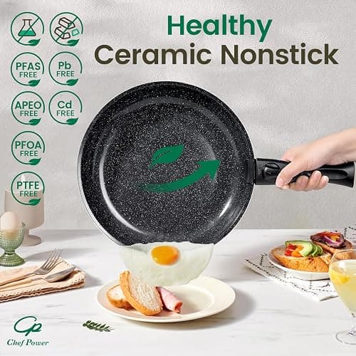 Chef Power Ceramic Nonstick Cookware Set 19 Piece with Detachable Handle, Induction Dishwasher Oven Safe Pans and Pots Set, RV Kitchen Set Removable Handle, Rock Stone Black thumbnail 5