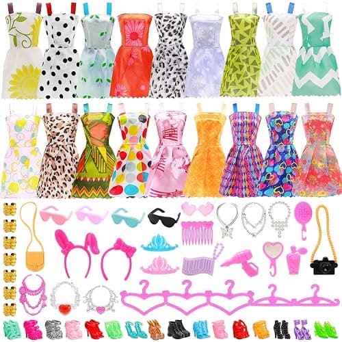 BARWA 53 pcs Doll Clothes and Accessories 10 pcs Party Dresses with 42 pcs Shoes, Crown, Necklace, Hangers, Bags, Accessories for 11.5 inch Doll thumbnail 7