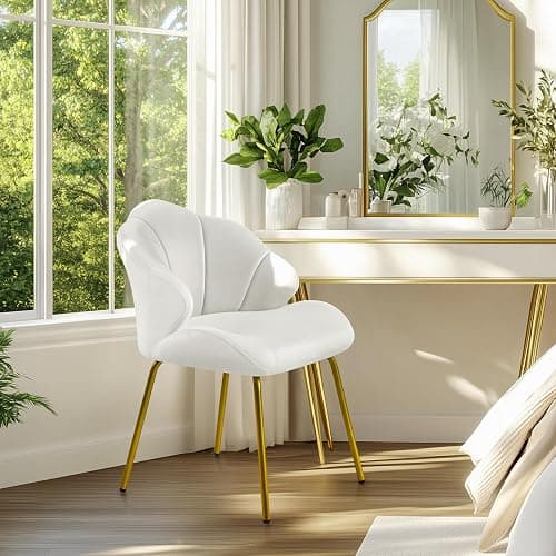 Yaheetech Velvet Armchair, Accent Tub Chair with Metal Legs, Cute Vanity Chair with Shell Shaped Backrest for Living Room/Bedroom/Dressing Table/Office, White thumbnail 2