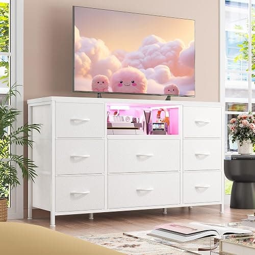 White Dresser for Bedroom with LED Lights & Charging Station, Dresser TV Stand for Bedroom with 8 Drawer for 55 inch TV, Fabric Dressers & Chests of Drawers with Open Shelves for Hallway Entryway thumbnail 8