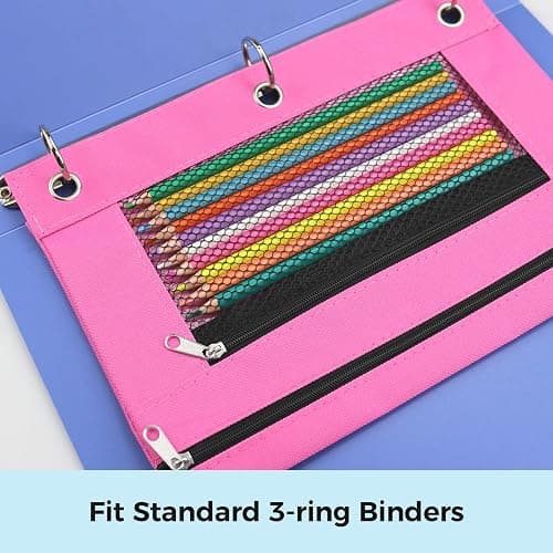 Pencil Pouch for 3 Ring Binder - 3 Hole Zipper Pen Case Bag Holder Bulk Accessories Clear Window Aesthetic Organizer Pockets (Hot Pink) thumbnail 6