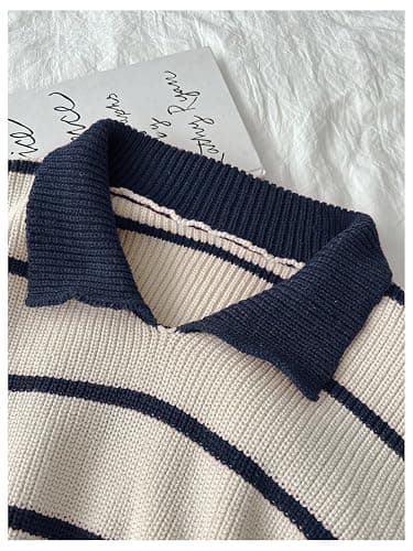 Floerns Women's Collared Striped Sweaters Preppy Oversized Knit Fall Pullover Sweater thumbnail 3
