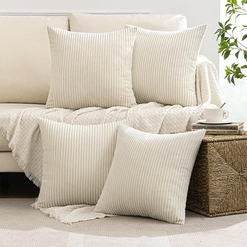 MIULEE Boho Farmhouse Throw Pillow Covers 18x18 Inch Set of 4 Mordern Nordic Cushion Covers Soft Corduroy Spring Home Decor for Couch Bed Sofa Living Room Cream White thumbnail 2