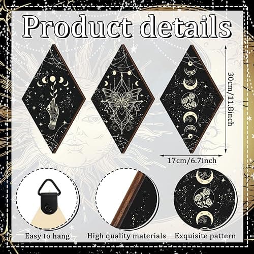 Ferraycle 3 Pcs Rustic Boho Wall Decor Moon Phases Butterfly Wall Art Stars Moon Decor Minimalist Room Decoration Wooden Gothic Witchy Pediments Hanging Sign for Home(6.7 x 11.8 Inch,Black, Gold) thumbnail 3