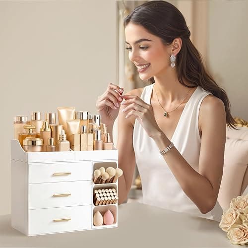 HBlife Makeup Organizer Countertop with Brush Holder,Large Bathroom Counter Organizer with Drawers,Skincare Organizers for Vanity,Plastic Dresser Organizer Storage Gift for Women Girl Mom,All White thumbnail 6