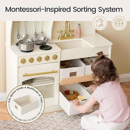 Tiny Land Play Kitchen for Kids with Enhanced Storage – Modern Toddler Kitchen Playset with Stove, Sink & Accessories, Organized Wooden Toy Kitchen, Ideal for Toddlers thumbnail 5