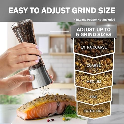 Home EC Premium Stainless Steel Sea Salt and Pepper Grinder Set of 2 - Adjustable Ceramic - Tall Glass Salt and Pepper Shakers - Kitchen Spice Mill W/Funnel & EBook thumbnail 2