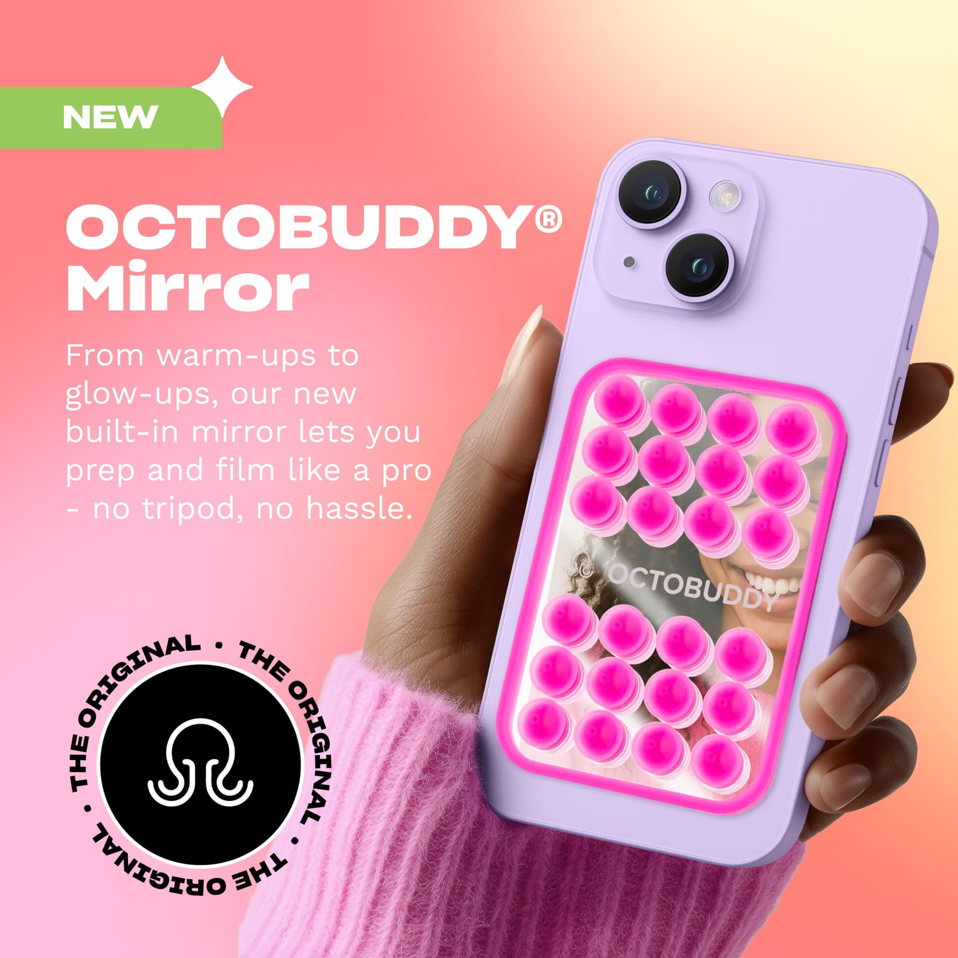 OCTOBUDDY - Soporte para teléfono con ventosa OG - Soporte móvil de silicona con ventosa con espejo incorporado, selfies y videos manos libres - Accesorio para creador de contenido, 2.6 pulgadas x 3.9 thumbnail 2