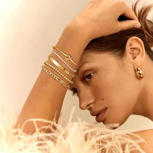 LOLIAS 5 Stück Armband Damen Gold 14 Karat Echtgold Armkette Manschetten Armband Hypoallergen Goldperlen CZ Tennis Armband Kette Stapelarmbänder Schmuck Gold Für Damen thumbnail 2
