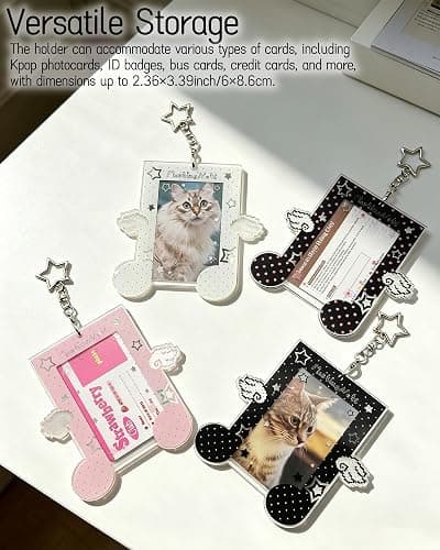 Musical Note Kpop Photocard Holder Keychain with Angel Wing Decor - 2 Pieces Clear Acrylic Protective Badge Holder for ID, Bus, Credit Cards (Pink) thumbnail 5