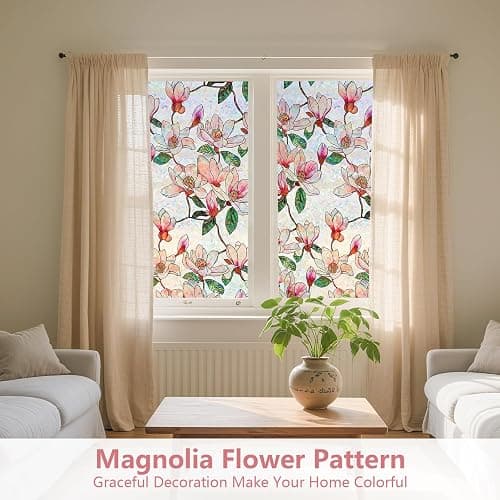 Kromapolis Window Privacy Film, Stained Glass Sticker, 23.6" x 78.7" | Removable Floral Window Clings, Decorative Static Clings, UV Blocking Colorful Decals, Rainbow Magnolia Flowers thumbnail 2