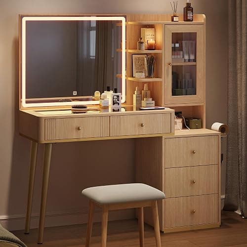 LINSY Wood Vanity with Glass Top, Makeup Vanity with Storage Drawers, Boho Fluted Vanity Desk with Mirror and Lights, Large Dressing Table with Cabinet and Outlet for Bedroom, Women, Girls thumbnail 7