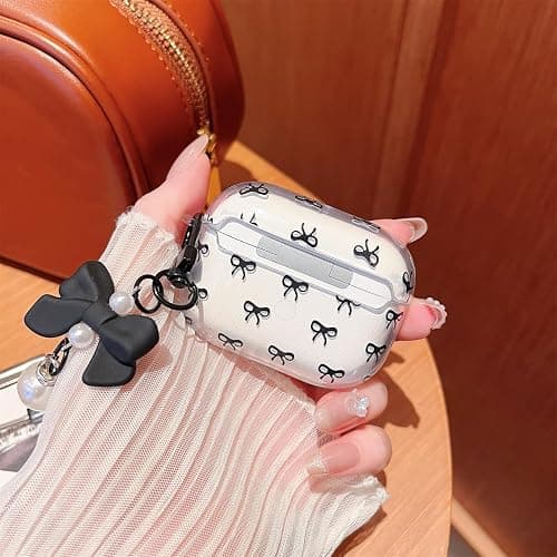 MINSCOSE Compatible with AirPods Pro 2 Clear Case,Cute Bow Pattern Pretty Ribbon Aesthetic Design with Bow Pearl Keychain,Soft TPU Protective Shockproof Case for Women Girl for AirPods Pro 2-Black thumbnail 8