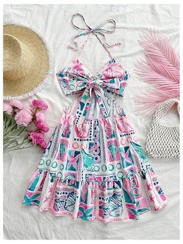 Floerns Women's Floral Halter Neck Vacation Dress Sleeveless Cut Out Boho Cami Dress thumbnail 2