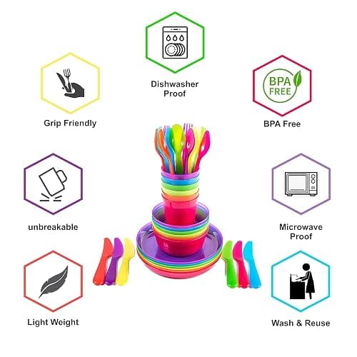 Cuddly Hippo Kids Plastic Dinnerware Set of 72 Multi Color Pieces (Plates, Bowls, Cups and Flatware) - Reusable, BPA-Free, Dishwasher Safe and Microwaveable thumbnail 7