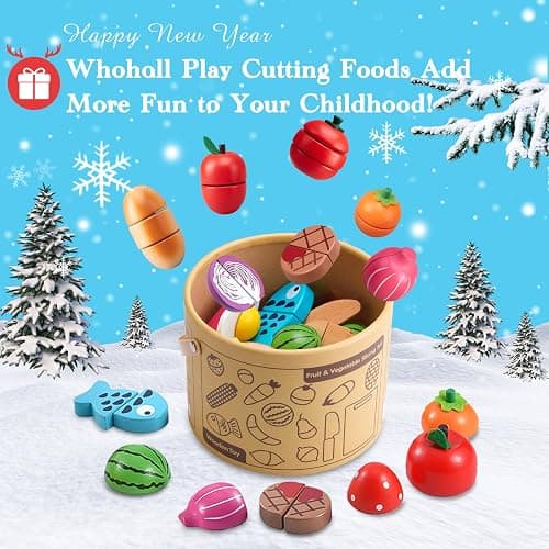 WHOHOLL 43 Pcs Wooden Play Food for Kids Play Kitchen Accessories Playset with Basket, Pretend Cutting Food Toys for 3 4 5 6 Year Old, Vegetables Fruits Toys Christmas Birthday Gifts for Girls Boys thumbnail 8