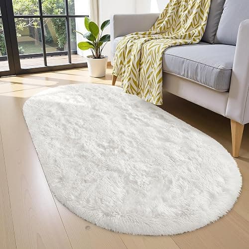 OLANLY Fluffy Soft Area Rugs for Bedroom, 2.6x5.3 Feet Machine Washable Oval Rug, Non-Slip Beside Carpet for Kids Room, Playroom, Nursery, Dorms, Home Decors, Ivory thumbnail 7