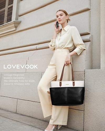 LOVEVOOK 15.6 Inch Laptop Bag for Women, Vintage Leather Work Tote with Large Cup Holder Teacher Computer Briefcase thumbnail 2