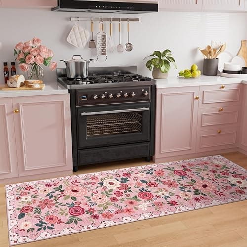 DUKINO 2x6 Kitchen Runner Rug for Hallway, Washable Runner Rug with Non Slip Backing, Low Pile Soft Boho Floral Carpet for Girls Room, Kitchen, Entryway, Laundry, Bedroom, Pink thumbnail 3