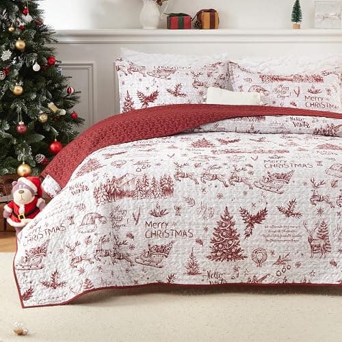 Christmas Quilt Set King Size, Christmas Holiday Decorations Bedspread Set, Soft and Breathable Xmas Quilt Bedding Set (King, 106"x96") - Image 1