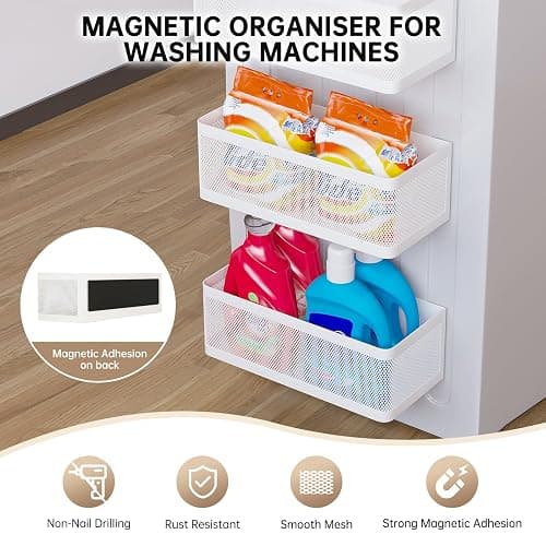 Magnetic Shelf for Washing Machine Magnetic Organizer for Laundry Washing Machine Shelf Hanging Basket Storage Magnetic Fridge Shelves Spice Rack for Refridgerator (White, L13.78in*W5.12in*H3.94in) thumbnail 3