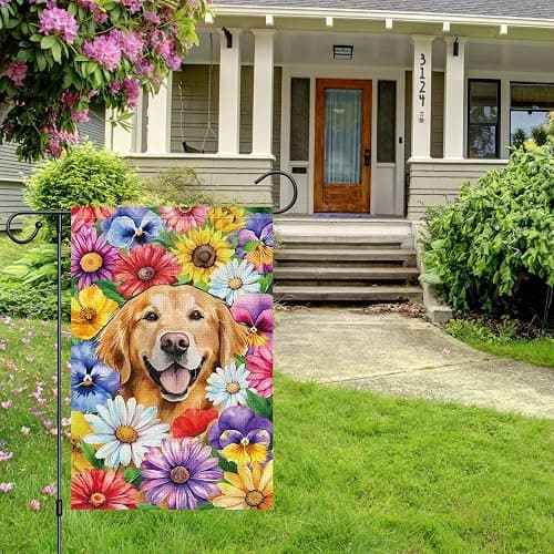 Louise Maelys Welcome Spring Golden Retriever Dog Garden Flag 12x18 Double Sided, Burlap Small Daisy Pansy Flower Yard House Outside Outdoor Summer Porch Lawn Decoration thumbnail 4
